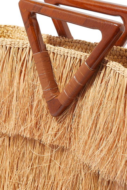 Frayed Straw Tote With Wooden Handles
